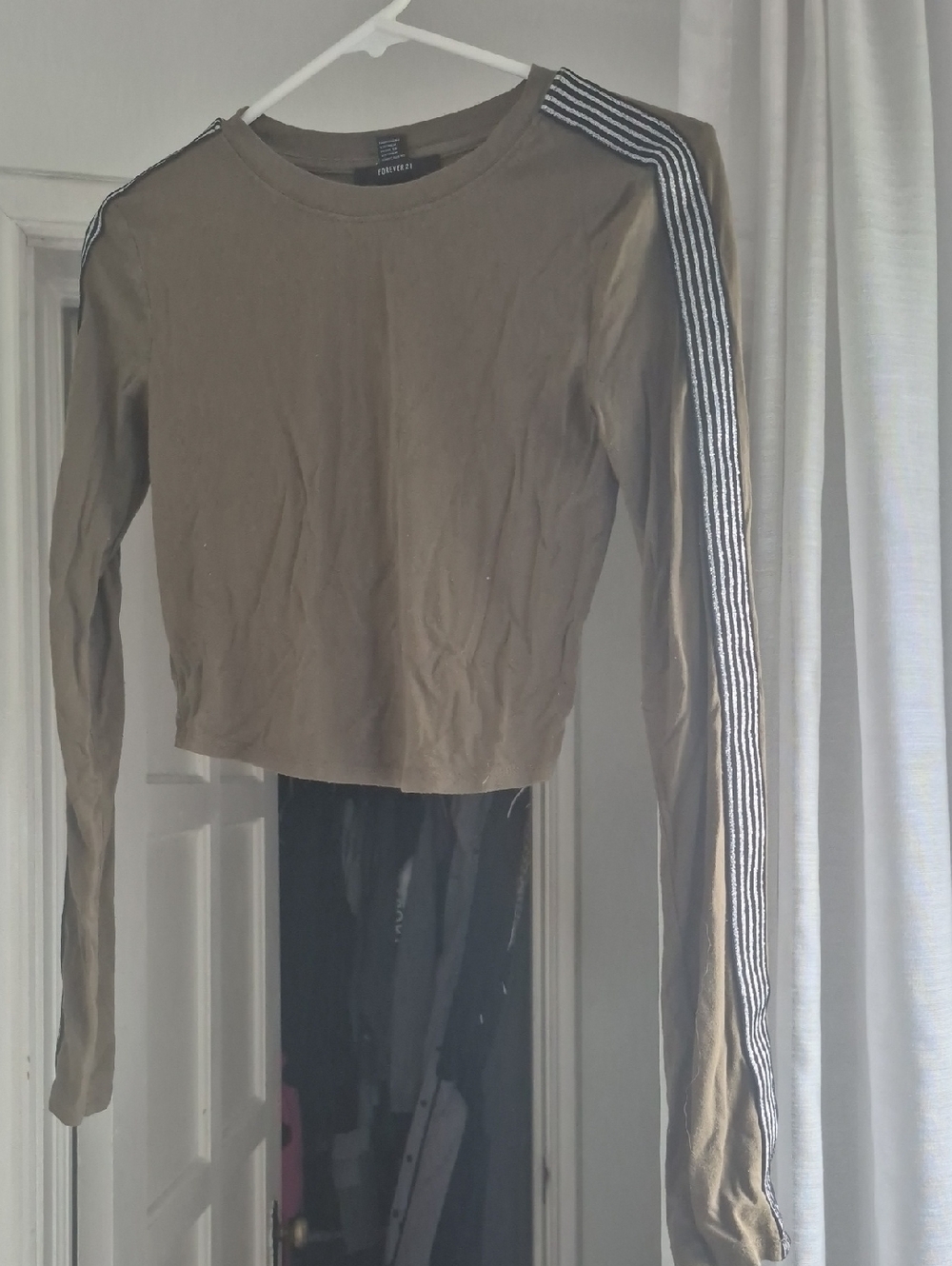 Forever 21 Olive Green Long Sleeve Crop Top with Black & White Stripe Detail